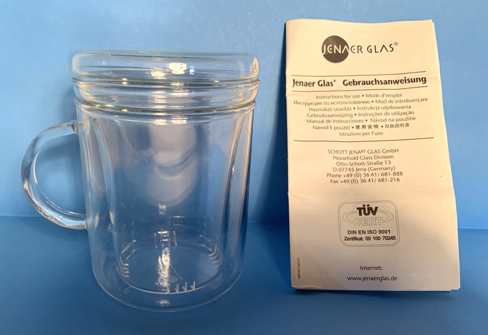 Vintage Schott Jenaer Glas Tea Infuser Glass Mug, Instructions, White Tea Facts Vintage Schott Jenaer Glas Tea Infuser Glass Mug, Instructions, White Tea Facts