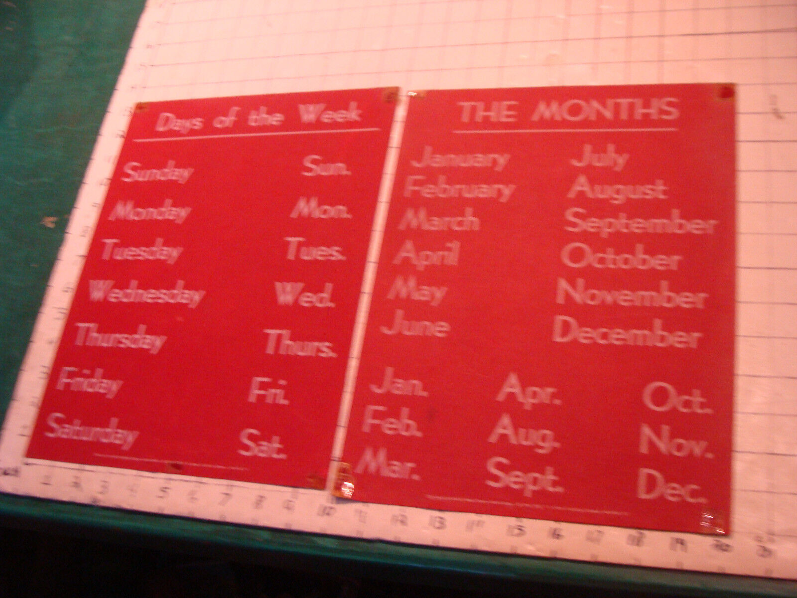 vintage 1945 SCHOOL POSTERS the months & days of week double sided, MONEY LIQUID
