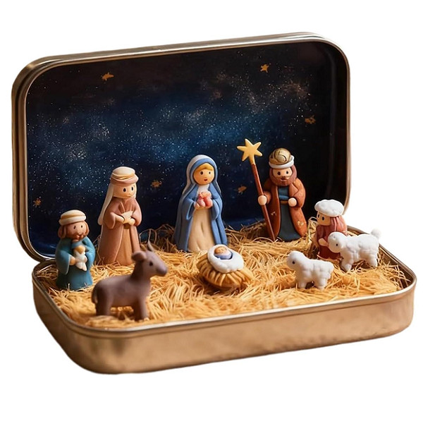 2× Pocket Nativity Set in Tin Box Handcrafted Resin Holy Family&Jesus Figurines