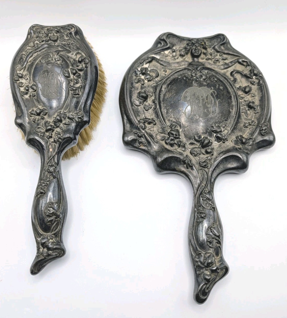 Antique Art Nouveau Silver Plated Vanity Set 1900s Mirror & Brush Antique Art Nouveau Silver Plated Vanity Set 1900s Mirror & Brush
