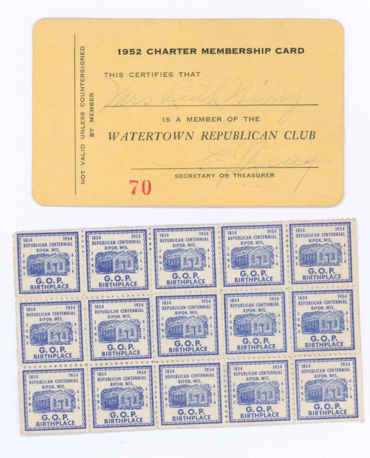 1952 Watertown Republican Club Membership Card GOP Ripon Centennial Stamp Sheets 1952 Watertown Republican Club Membership Card GOP Ripon Centennial Stamp Sheets