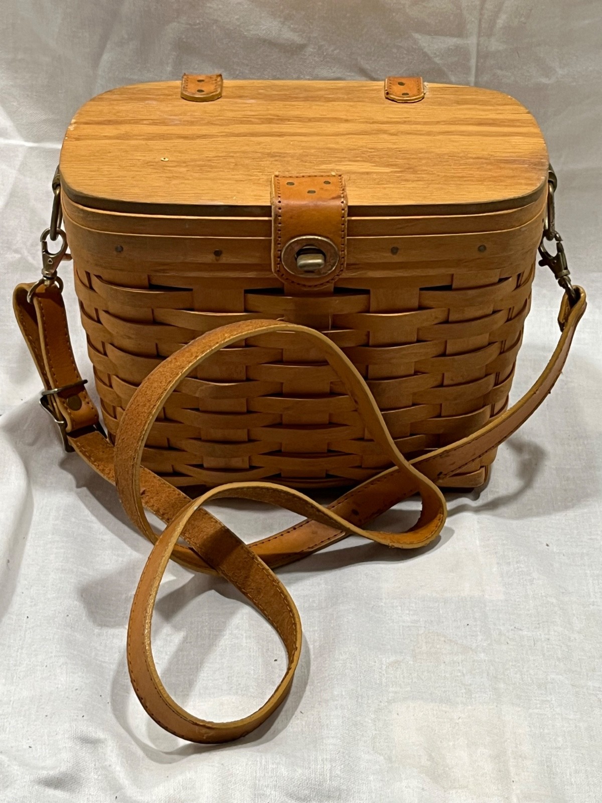 Vintage Longaberger Basket Purse With Plaid Fabric Liner & Leather Strap