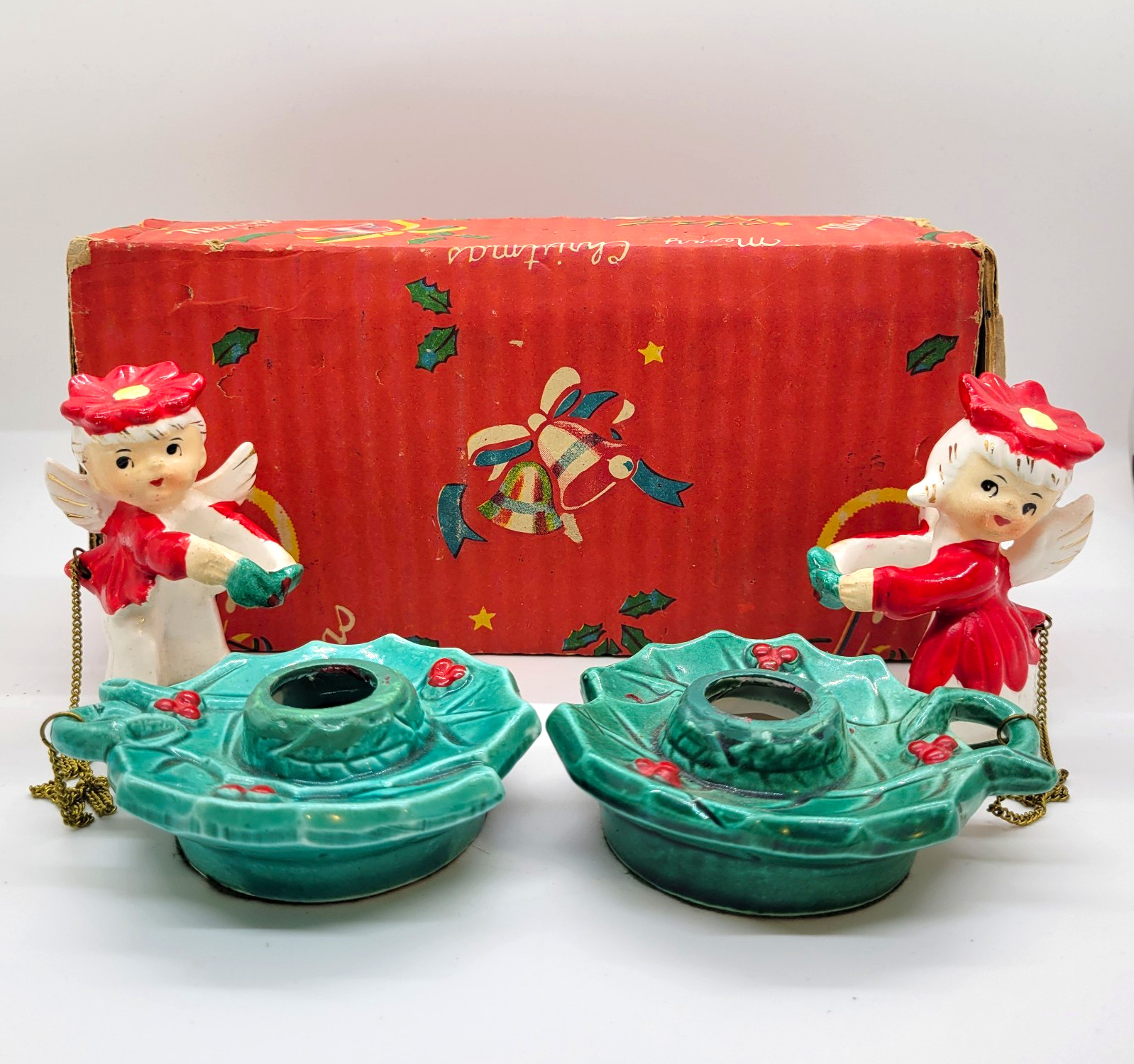 Vintage Commodore Poinsettia Angel Christmas Candle Huggers With Bases Box Vintage Commodore Poinsettia Angel Christmas Candle Huggers With Bases Box