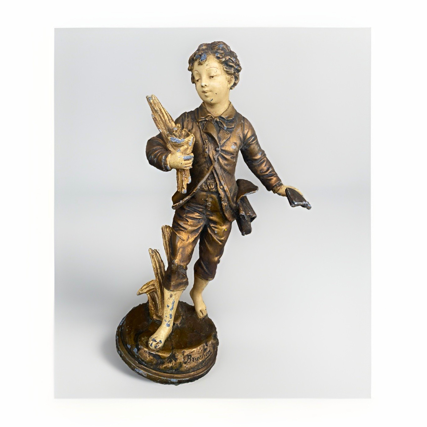 Bruchon Signed Boy Figurine Antique Style Spelter Bronze Finish Sculpture Bruchon Signed Boy Figurine Antique Style Spelter Bronze Finish Sculpture