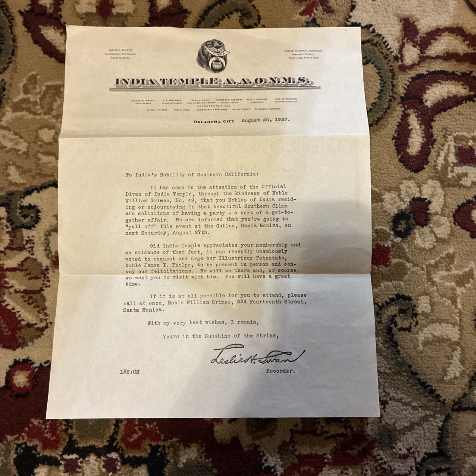 1927 India Temple Shriners A.A.O.N.M.S invitation letter Ok & CA 1927 India Temple Shriners A.A.O.N.M.S invitation letter Ok & CA