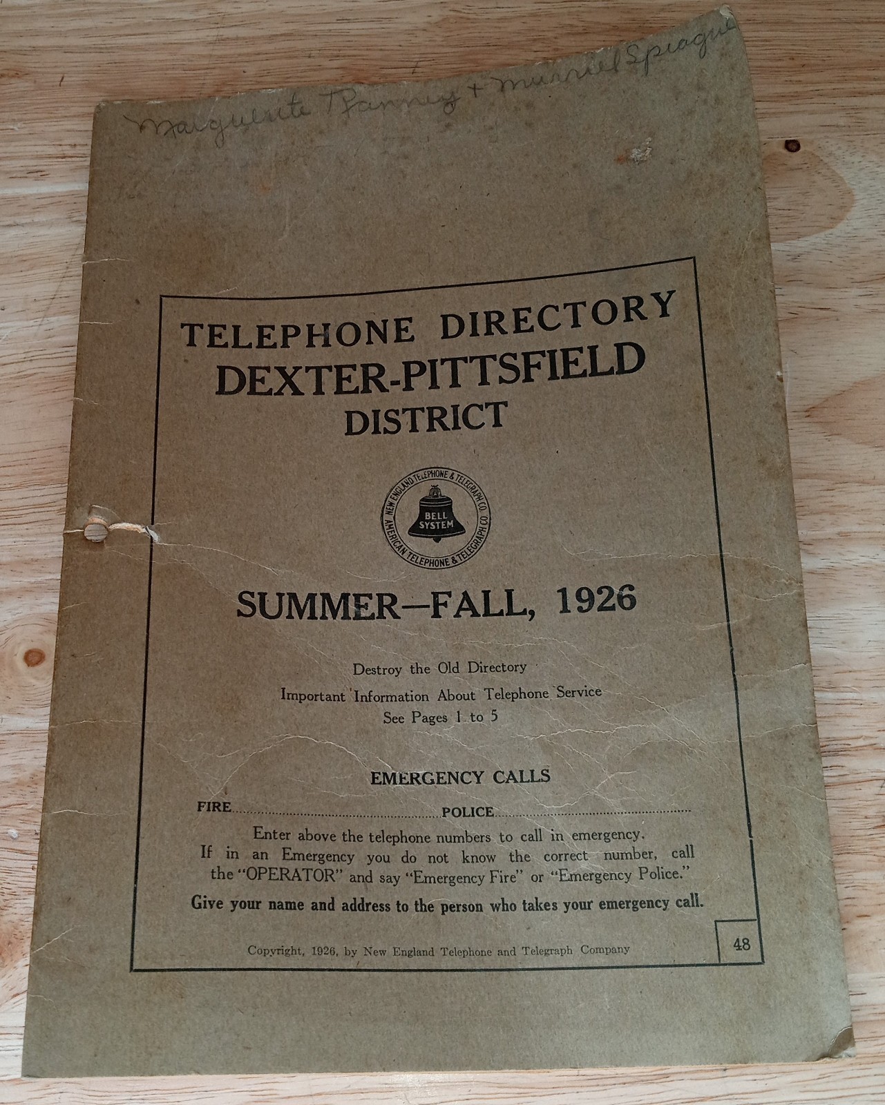 Rare 1926 Dexter Pittsfield Maine Telephone Directory Bell System Rare