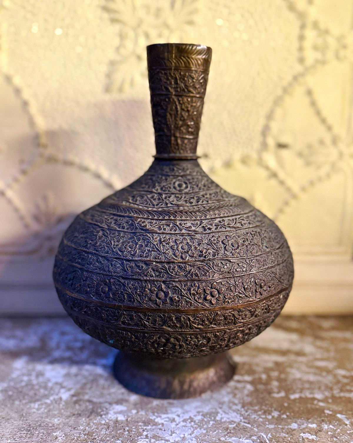 Vintage Hand Tooled Copper Vase Persian Style Repoussé Floral Engraved Vase Vintage Hand Tooled Copper Vase Persian Style Repoussé Floral Engraved Vase
