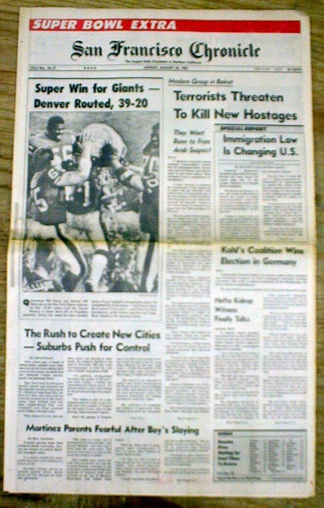 1987 newspaper NEW YORK GIANTS win FOOTBALL Super Bowl XXI over DENVER BRONCOS