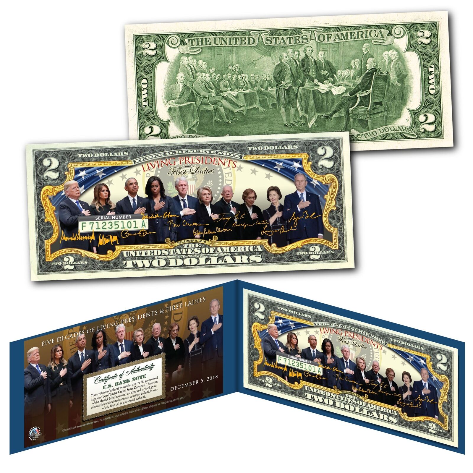 2019 LIVING PRESIDENTS with FIRST LADIES Historical Official Genuine US $2 Bill