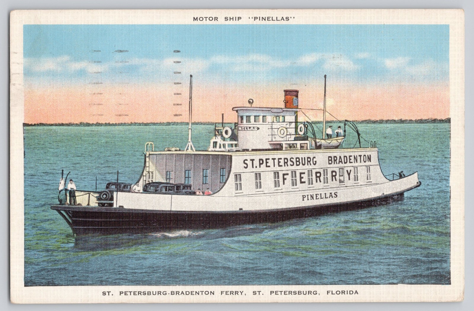 Motor Ship Pinellas St Petersburg Bradenton Ferry FL Linen Postcard 1936 Motor Ship Pinellas St Petersburg Bradenton Ferry FL Linen Postcard 1936
