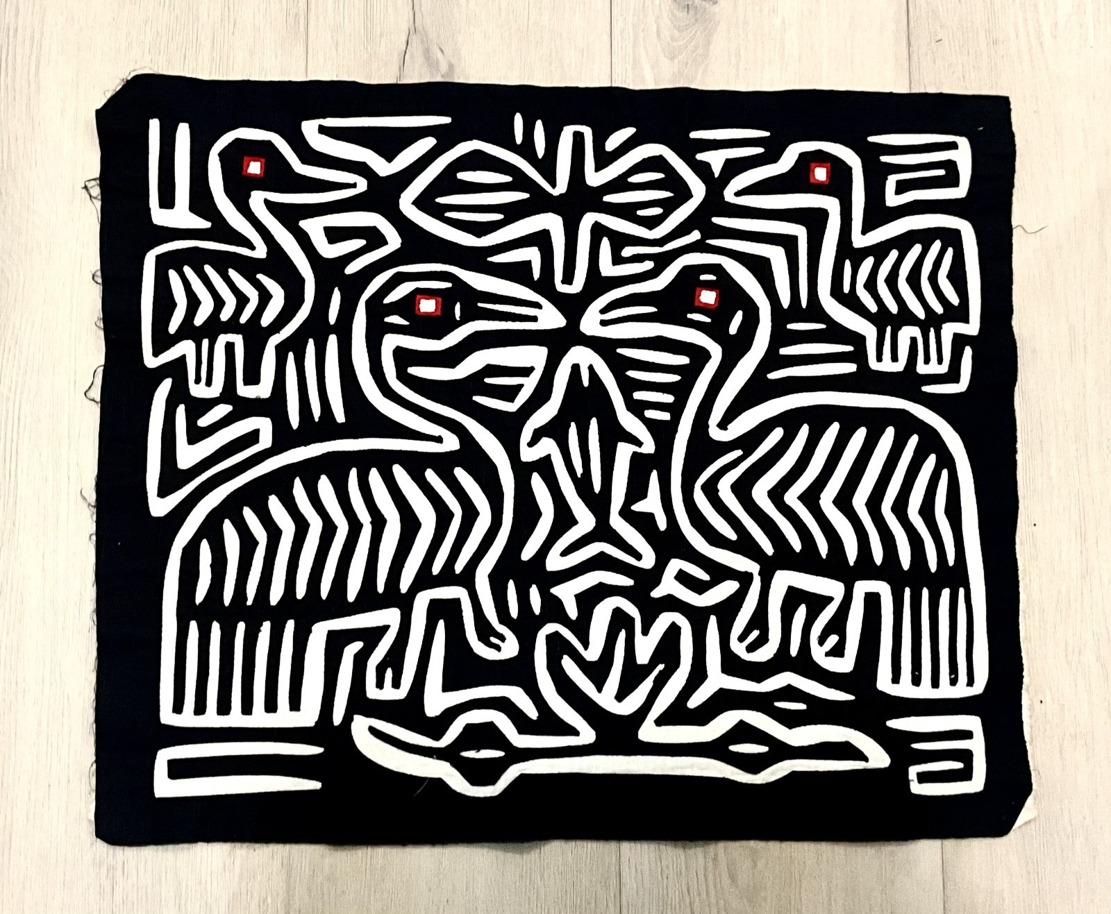 Vintage Guna Kuna Mola Panama MCM Style Modernist Bird Black White Folk Art MINT