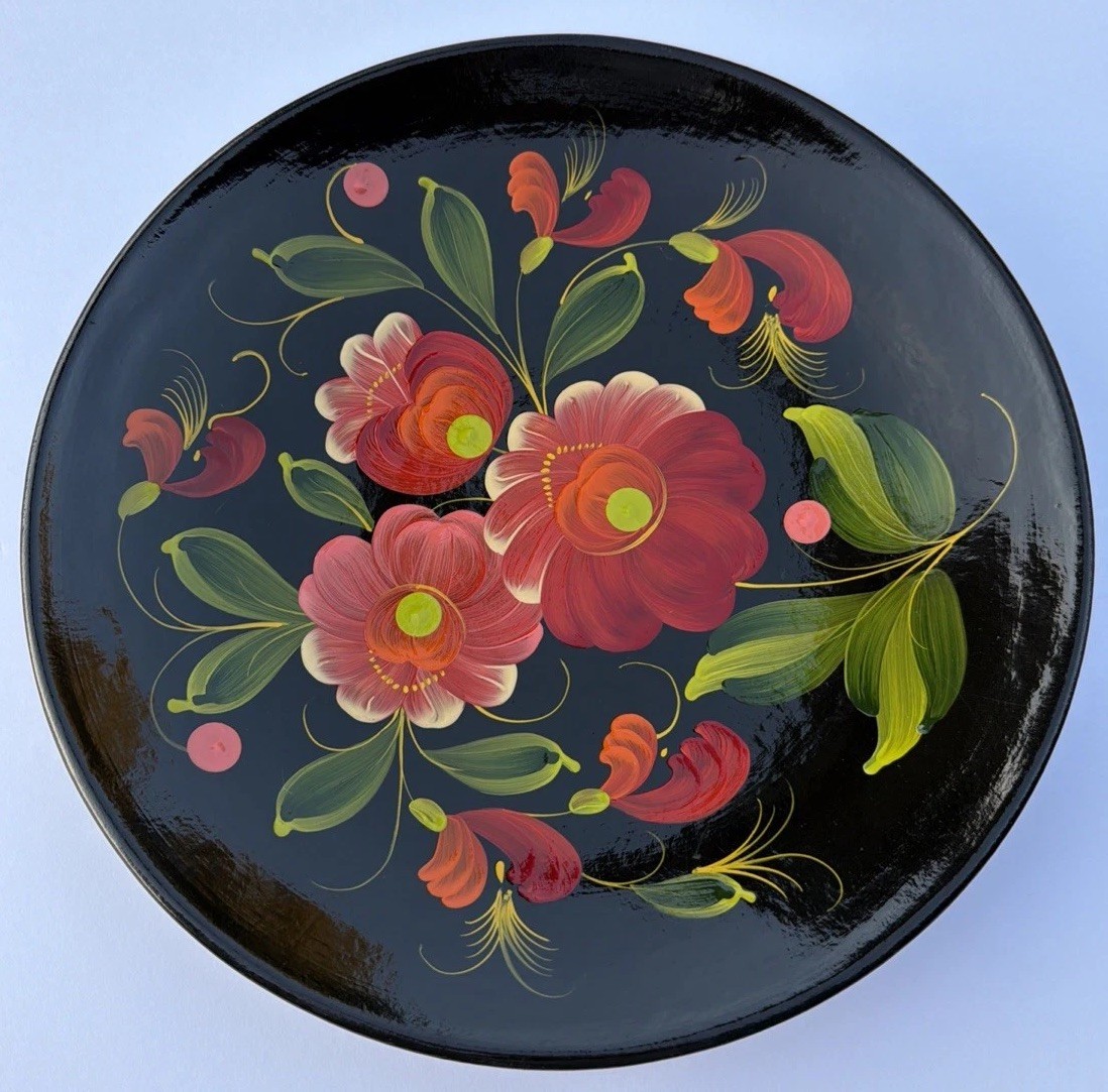 Vintage Russian hand painted floral flowers wood tole plate
