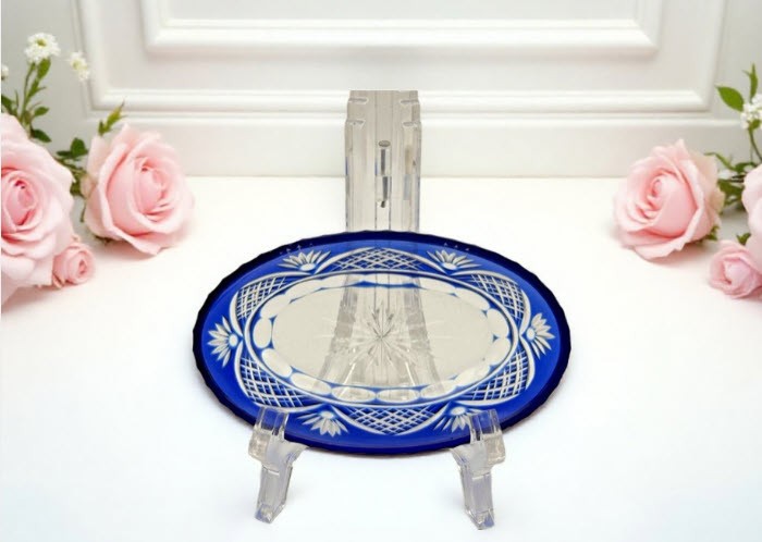Vtg. Czech Bohemian Cobalt Blue Cut to Clear Small Oval Trinket or Salt Dish Vtg. Czech Bohemian Cobalt Blue Cut to Clear Small Oval Trinket or Salt Dish