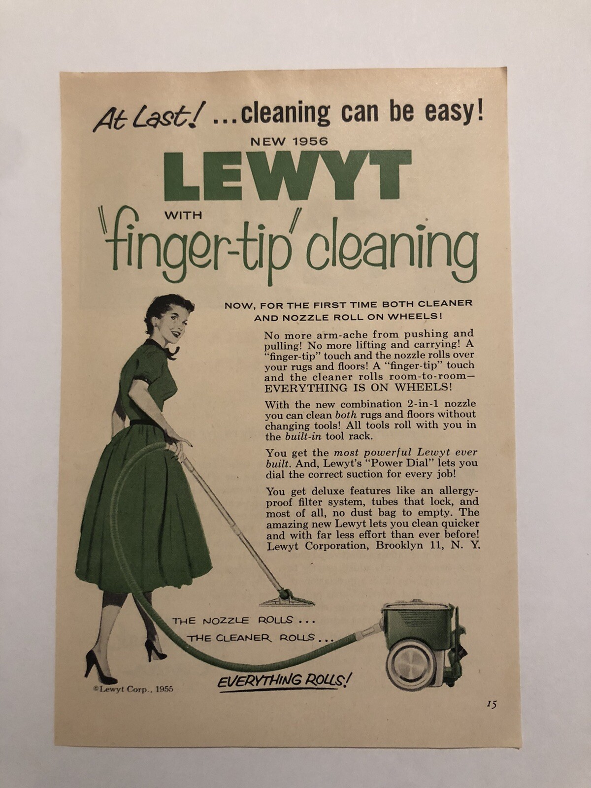 1950’s Lewyt Finger Tip Cleaning Vacuum Cleaner Magazine Print Ad 0C24