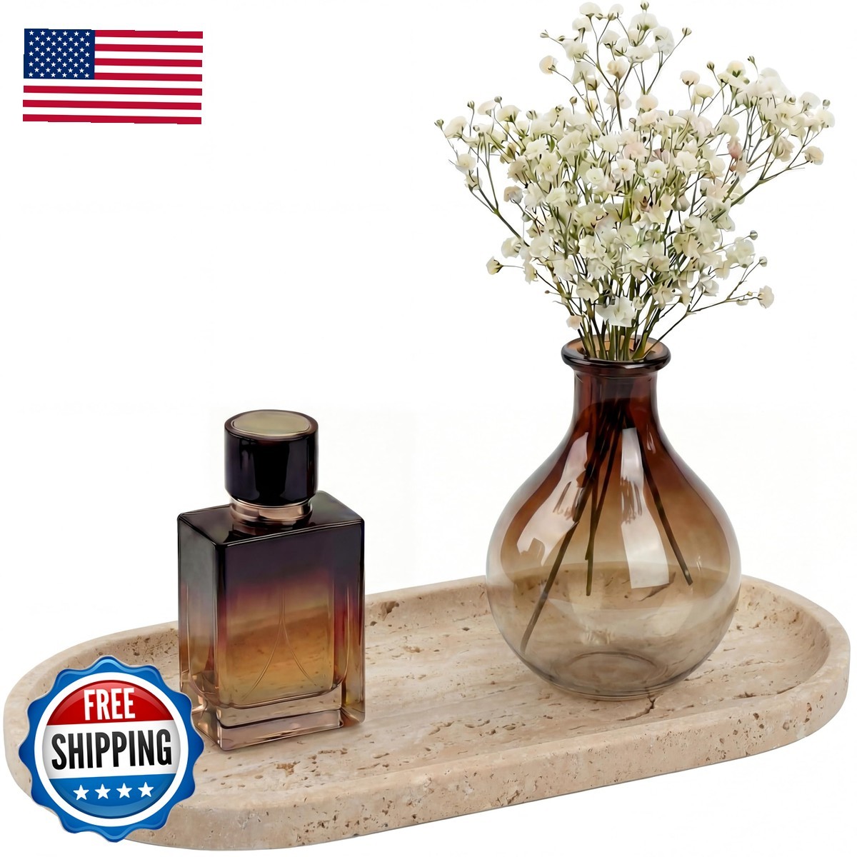 YKAJO Oval Real Marble Tray Natural Travertine Beige 11.8 YKAJO Oval Real Marble Tray Natural Travertine Beige 11.8