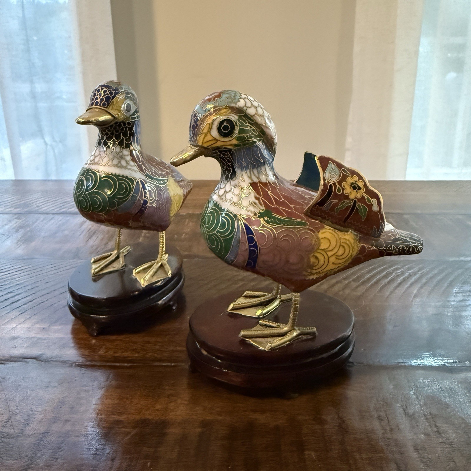 Vintage Chinese Cloisonné Duck Pair on Wood Bases 5\