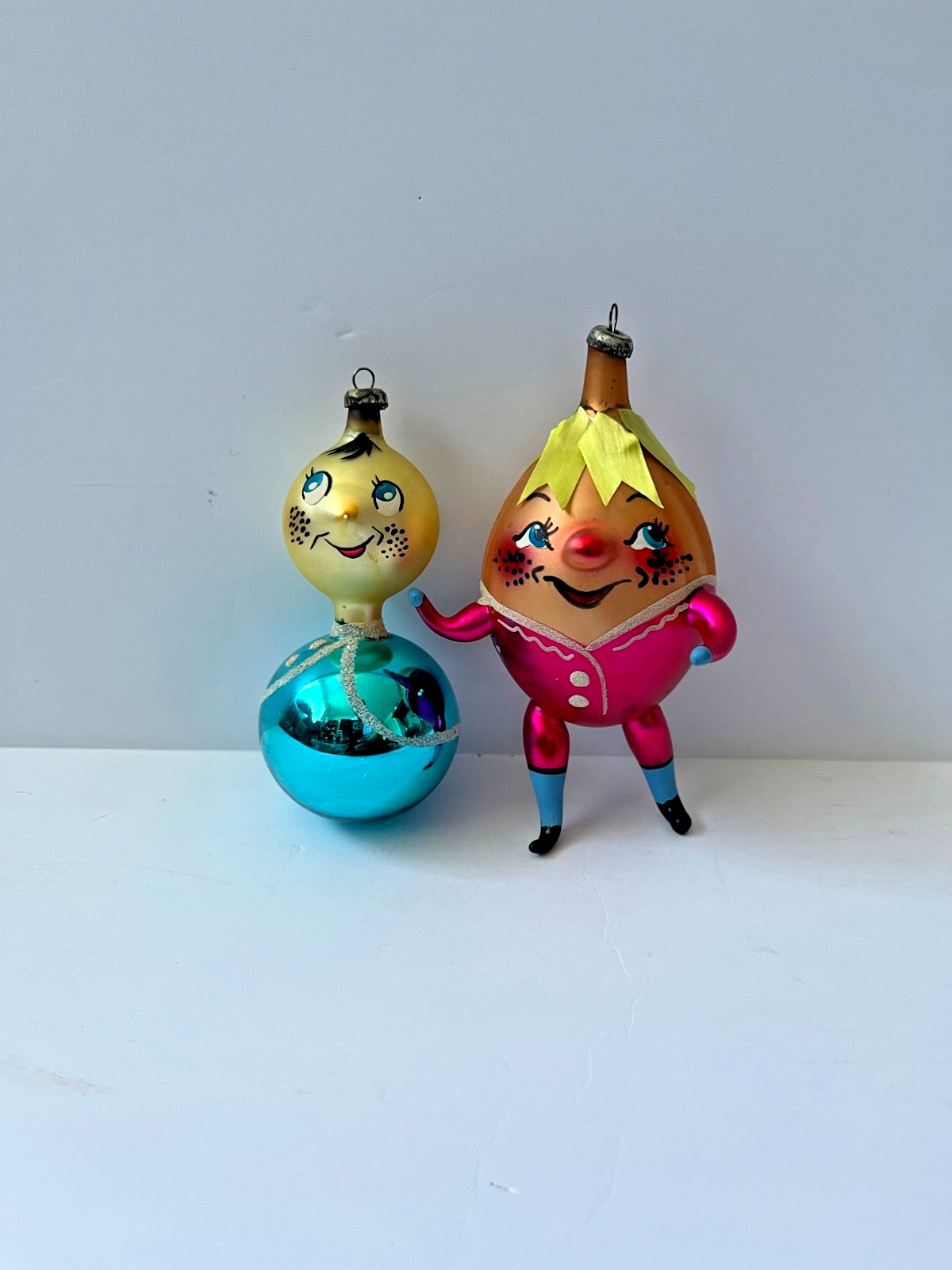 2 VTG Italian  Ornaments – Humpty Dumpty & & Turquoise Character Boy De Carlini