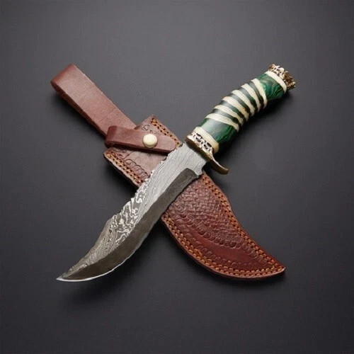 Custom Handmade Damascus Steel Hunting Bowie Knife with Leather Sheath Halloween