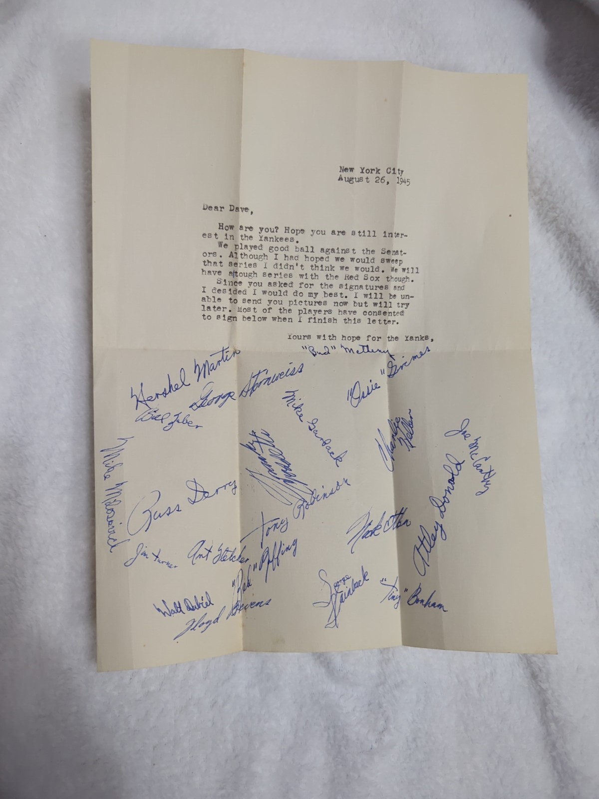 Rare And Unique Fan Letter Signed By Several 1945 Yankees Rare And Unique Fan Letter Signed By Several 1945 Yankees