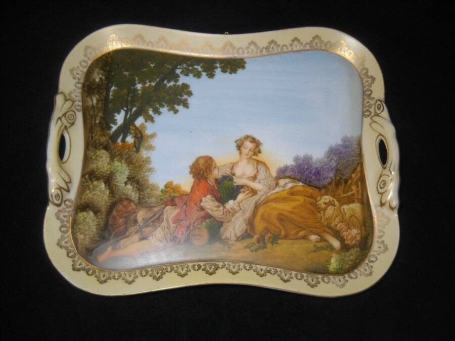 F Boucher Courting Couple Handled Tray Beautifully Hand Painted 12.5\ F Boucher Courting Couple Handled Tray Beautifully Hand Painted 12.5\