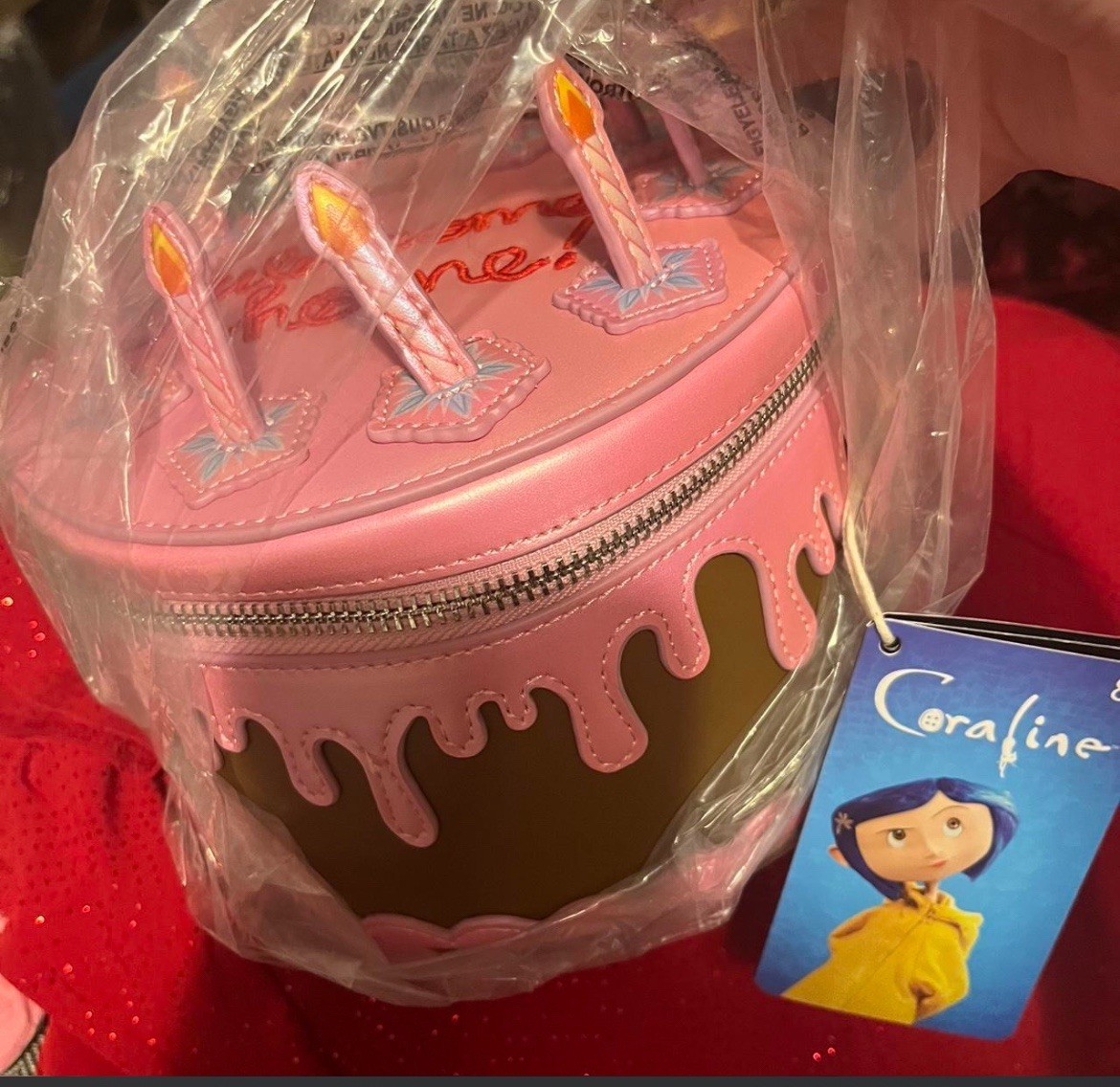 Coraline Collectible Pink Birthday Cake Bag with Candles and Brown Accents