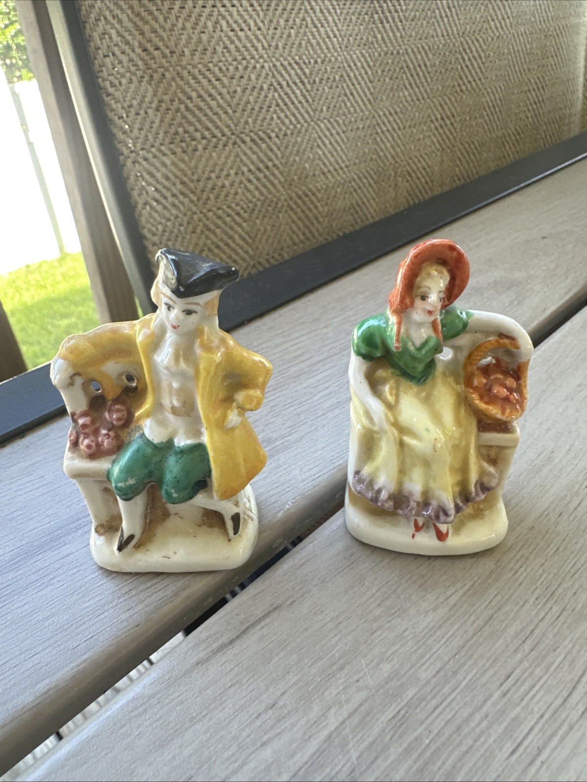 Vintage Rare SITTING Pair Of Occupied Japan Porcelain Figurines Blue Dot Skirt Vintage Rare SITTING Pair Of Occupied Japan Porcelain Figurines Blue Dot Skirt