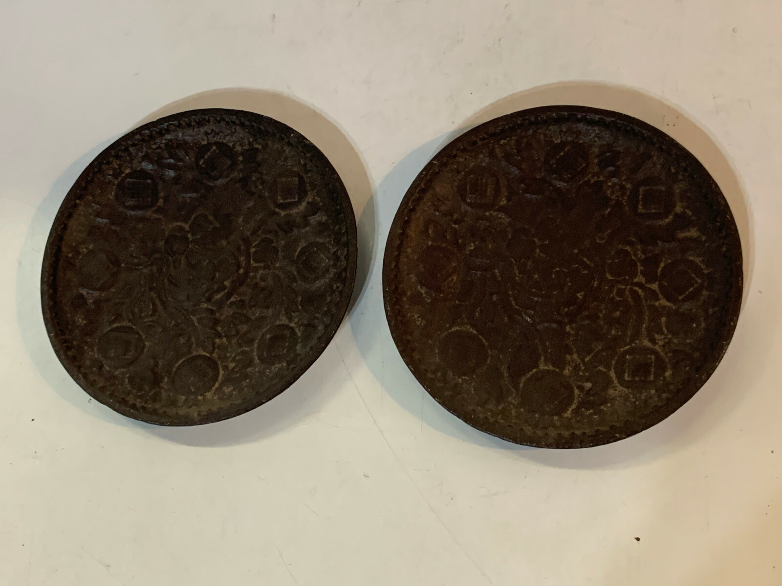 Vintage Antique Chinese Cast Iron Pair of Plates w/ Birds on Tree Decoration Vintage Antique Chinese Cast Iron Pair of Plates w/ Birds on Tree Decoration