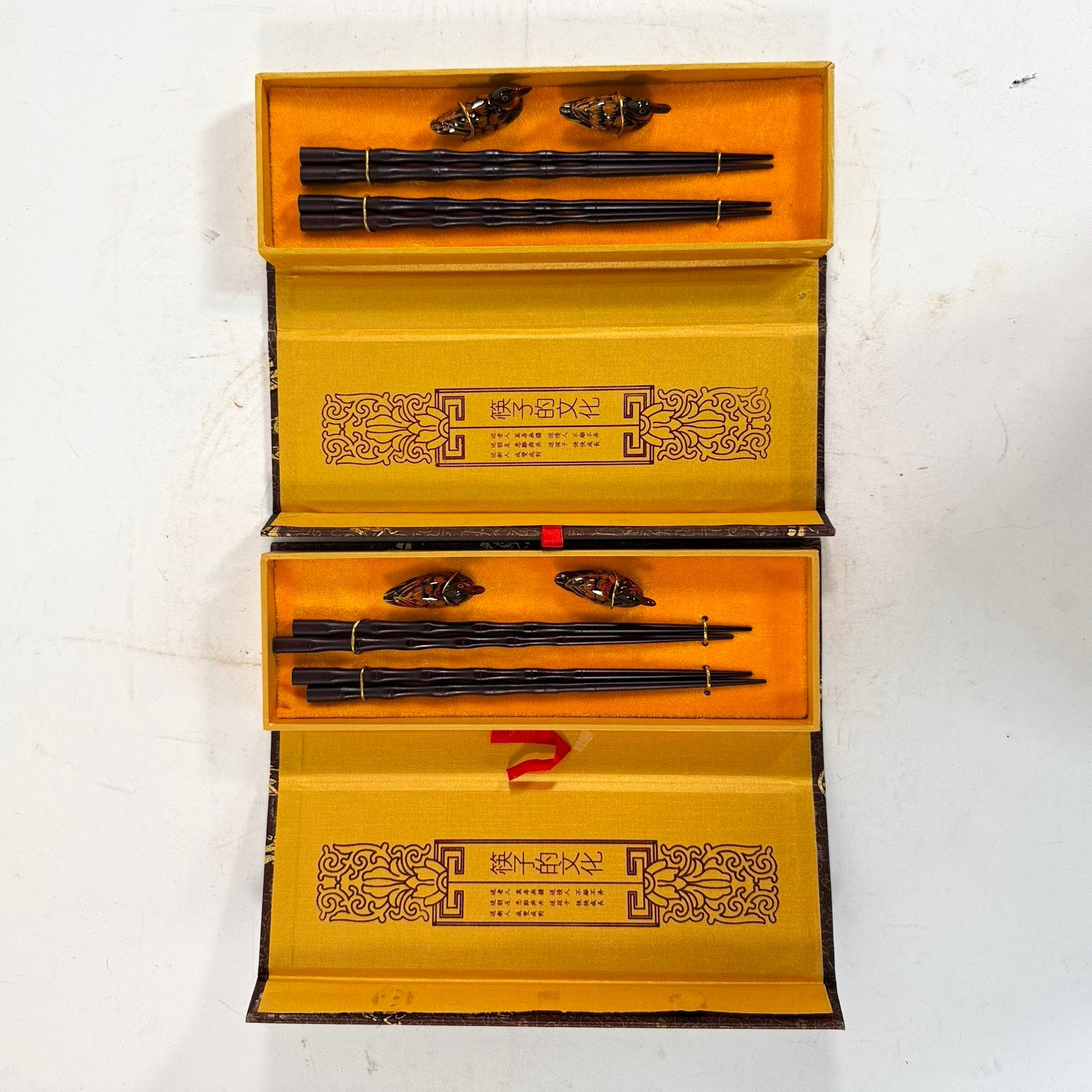 Vintage Chinese Chopstick Set 2 Pairs 4 Bird Duck Rests Silk Gift Boxes Vintage Chinese Chopstick Set 2 Pairs 4 Bird Duck Rests Silk Gift Boxes