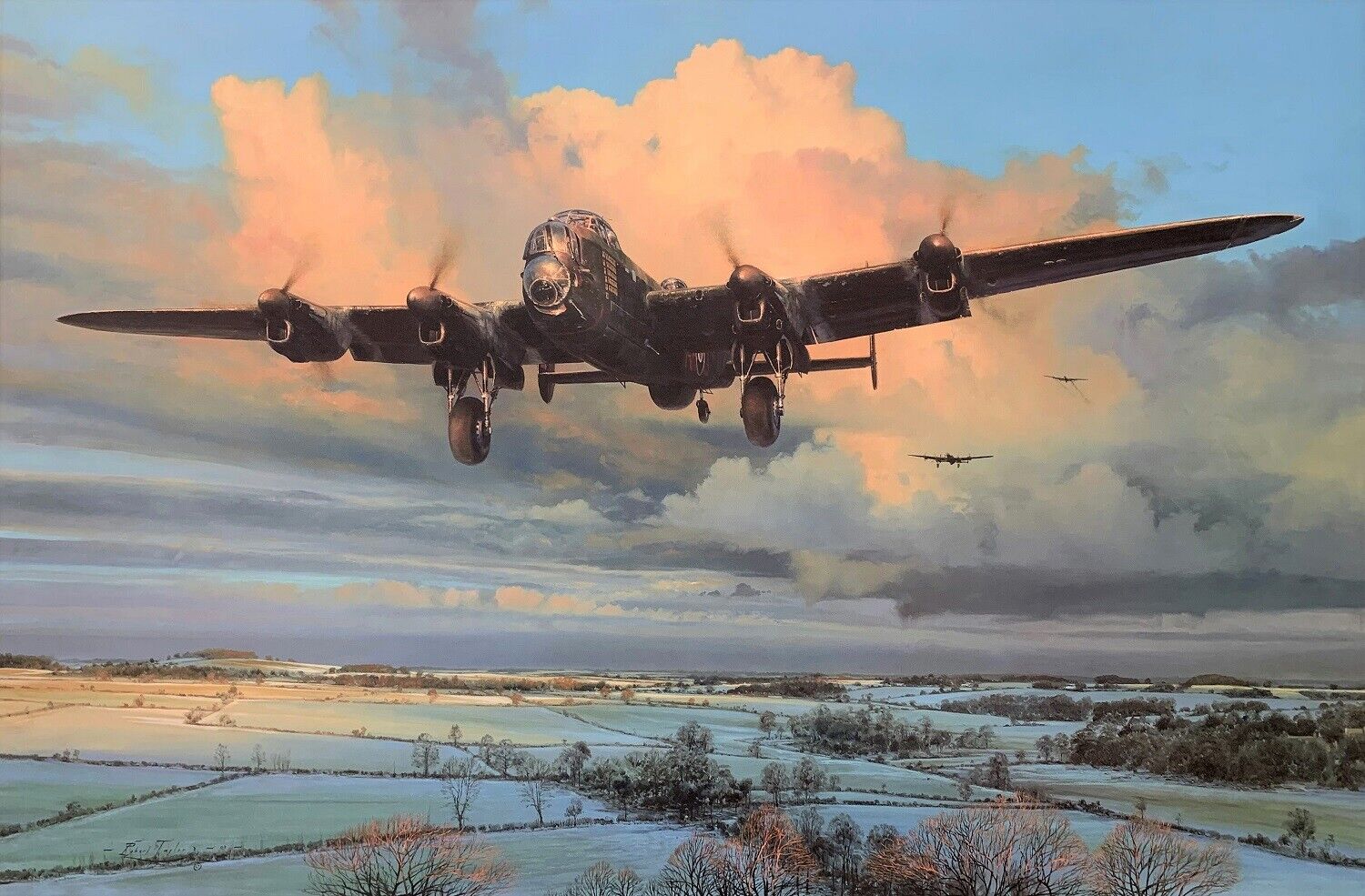 Strike and Return by Robert Taylor aviation art signed by RAF Lancaster Aircrew