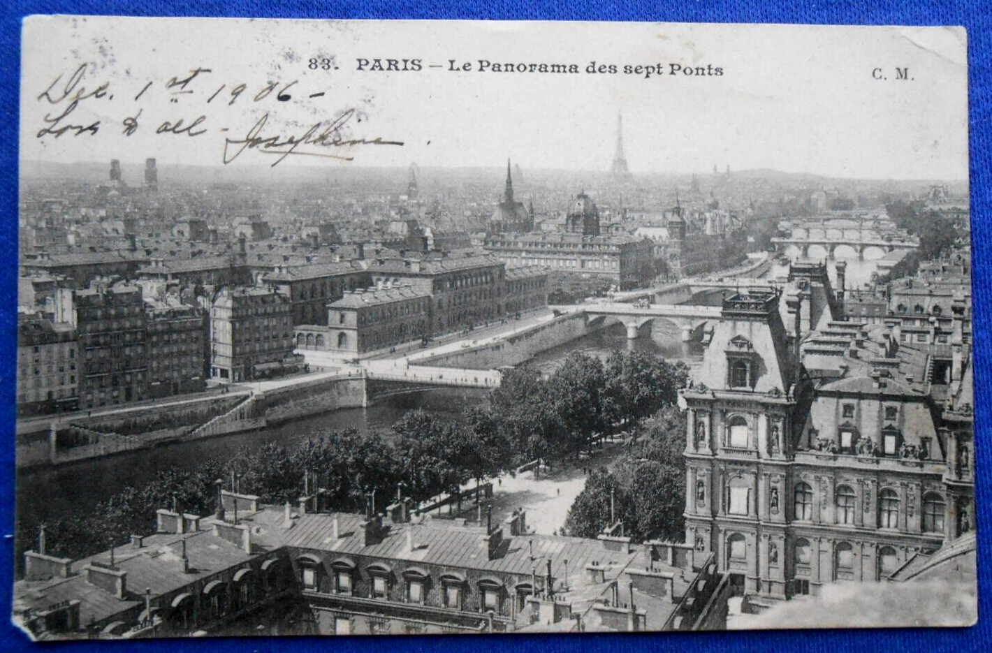 ANTIQUE 1906 PARIS FRANCE POSTCARD PANORAMA BIRDS EYE VIEW POSTED TO VERMONT