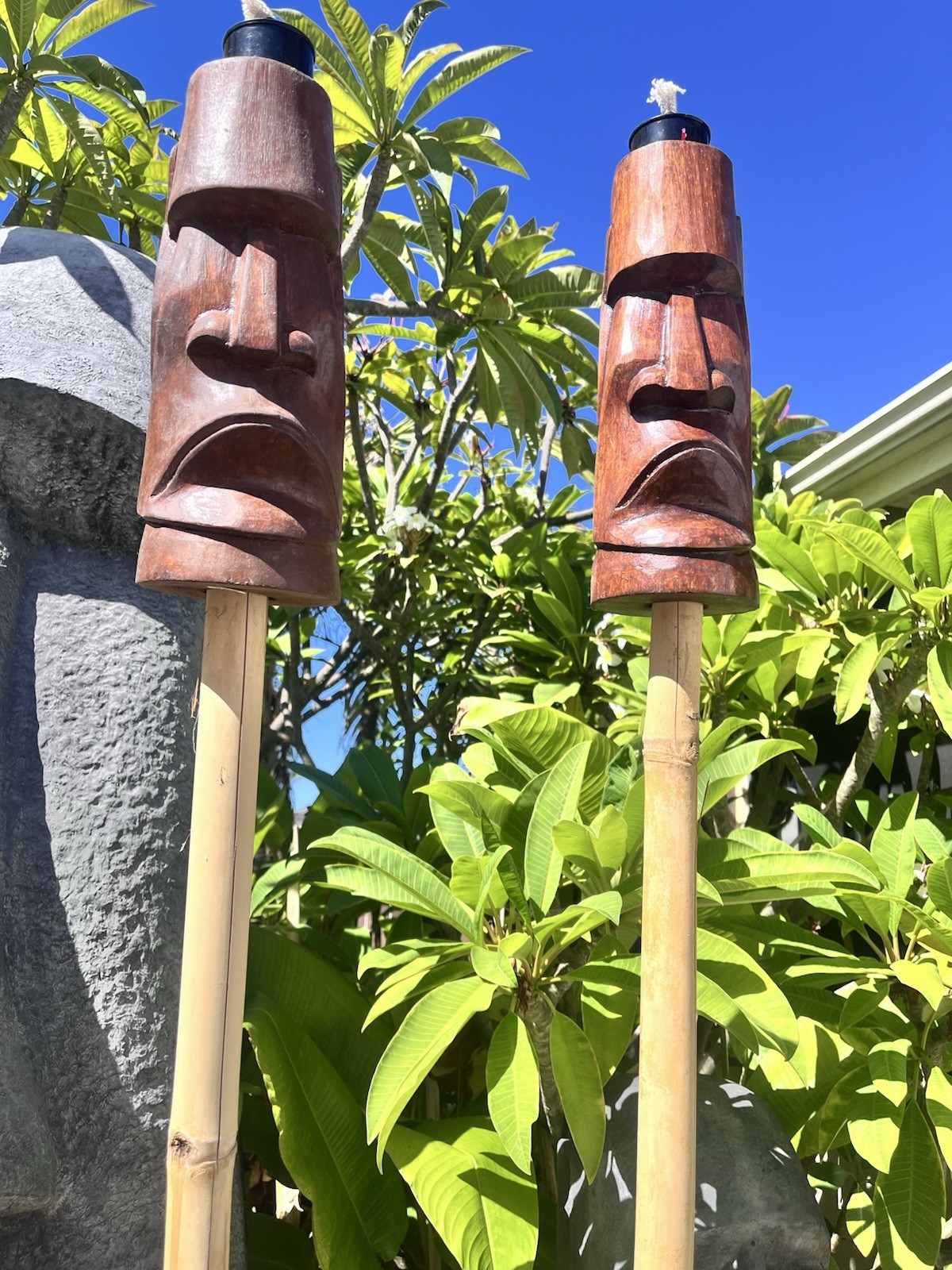Set Of 2 Tiki Tiki Torches Easter Island Moai Smokin\' Tikis Hawaii Oceanic