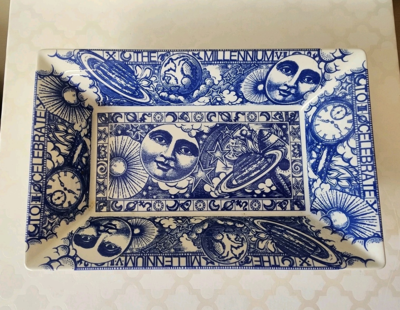 Vtg SPODE Blue & White Millennium Celebration Dish Astro Celestial Sun Moon Deco Vtg SPODE Blue & White Millennium Celebration Dish Astro Celestial Sun Moon Deco