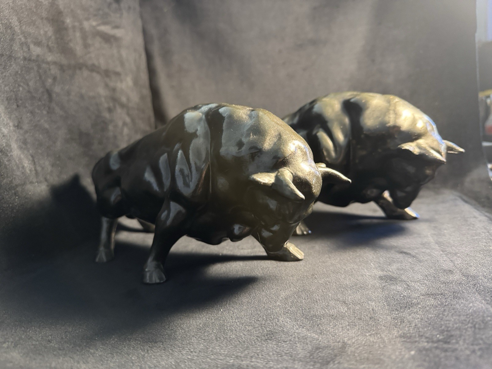 Two Vintage Ceramic Dark Glaze Bull Figurines 10” Two Vintage Ceramic Dark Glaze Bull Figurines 10”