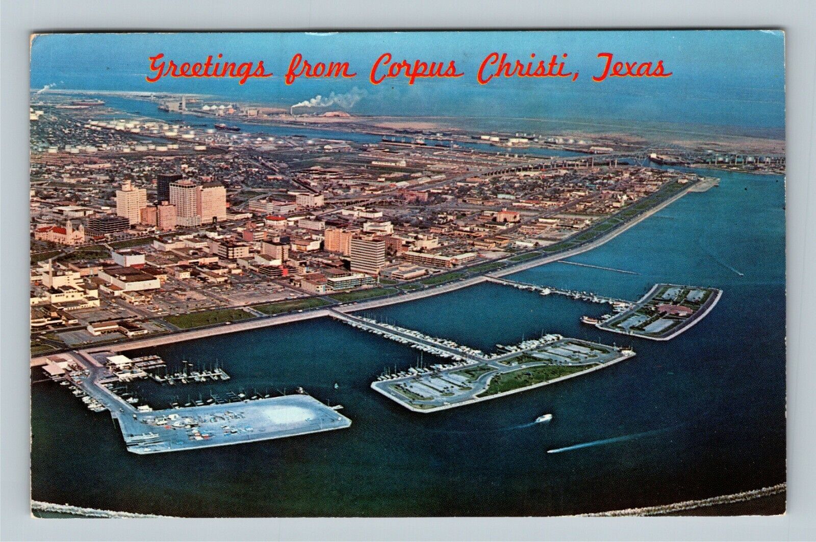 Corpus Christi TX, Greetings, Aerial City View Port, Chrome Texas c1970 Postcard