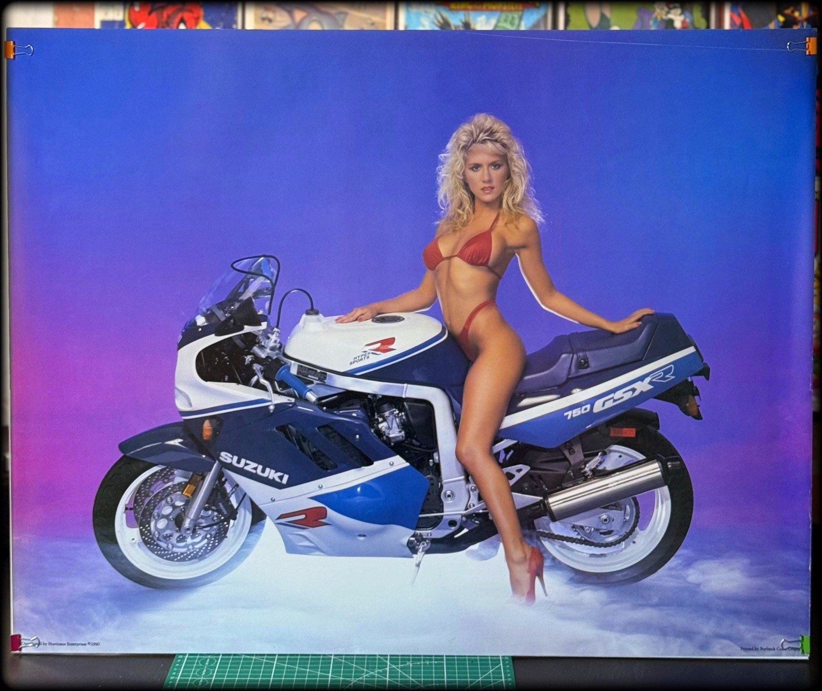 Vtg 1990 Suzuki Bikini Girl Pin Up Motorcycle Poster, Man Cave