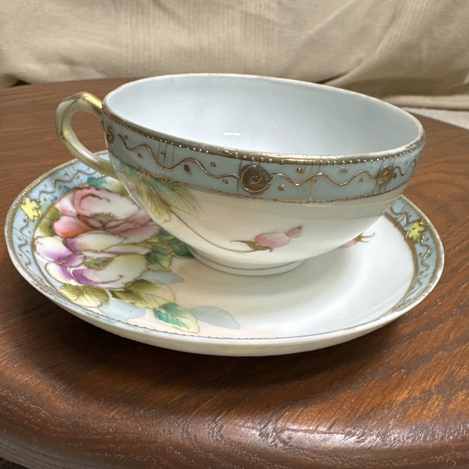 Antique Hand Painted Nippon Thin Body Porcelain Teacup & Saucer Floral Round