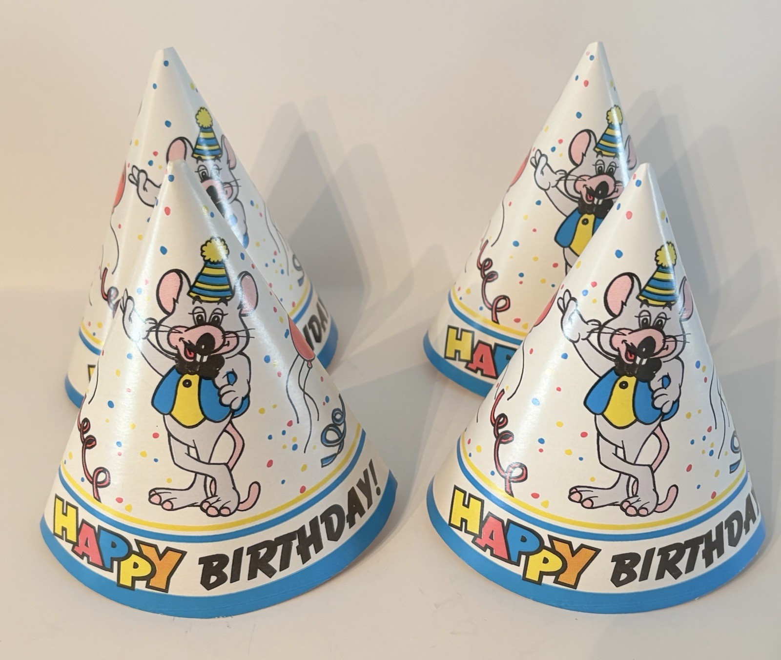 4 Vintage Showbiz Pizza Birthday Paper Party Hats Chuck E. Cheese 1988 4 Vintage Showbiz Pizza Birthday Paper Party Hats Chuck E. Cheese 1988