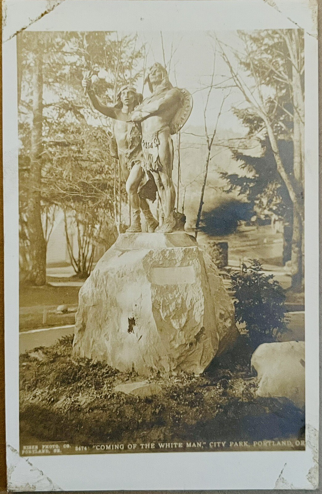 RPPC Portland Coming of the White Man Sculpture Oregon Real Photo Postcard c1910
