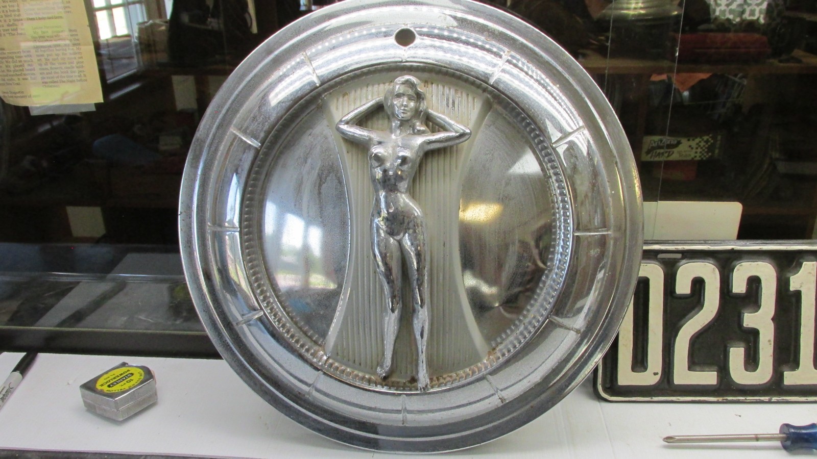 Old Lowrider -Naked Lady Hubcap Rat Rod Wheel Mancave Decor