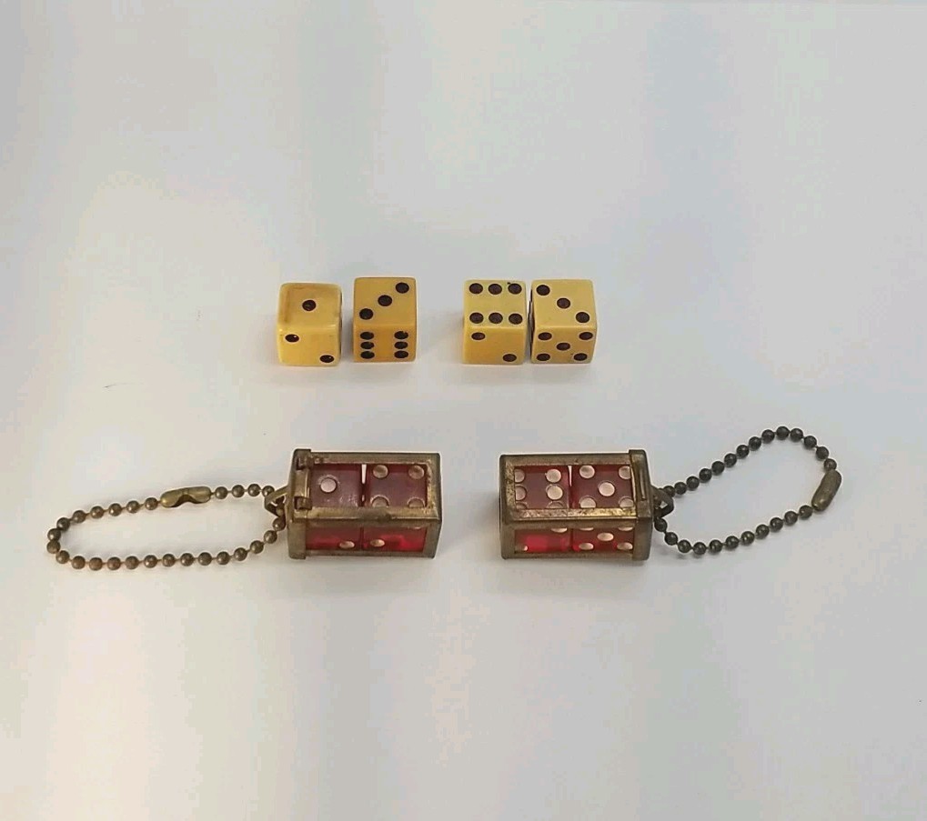 RARE Vtg Crisloid Loaded Trick Dice Set Brass Cages Ball Chain USA Gambling Kit