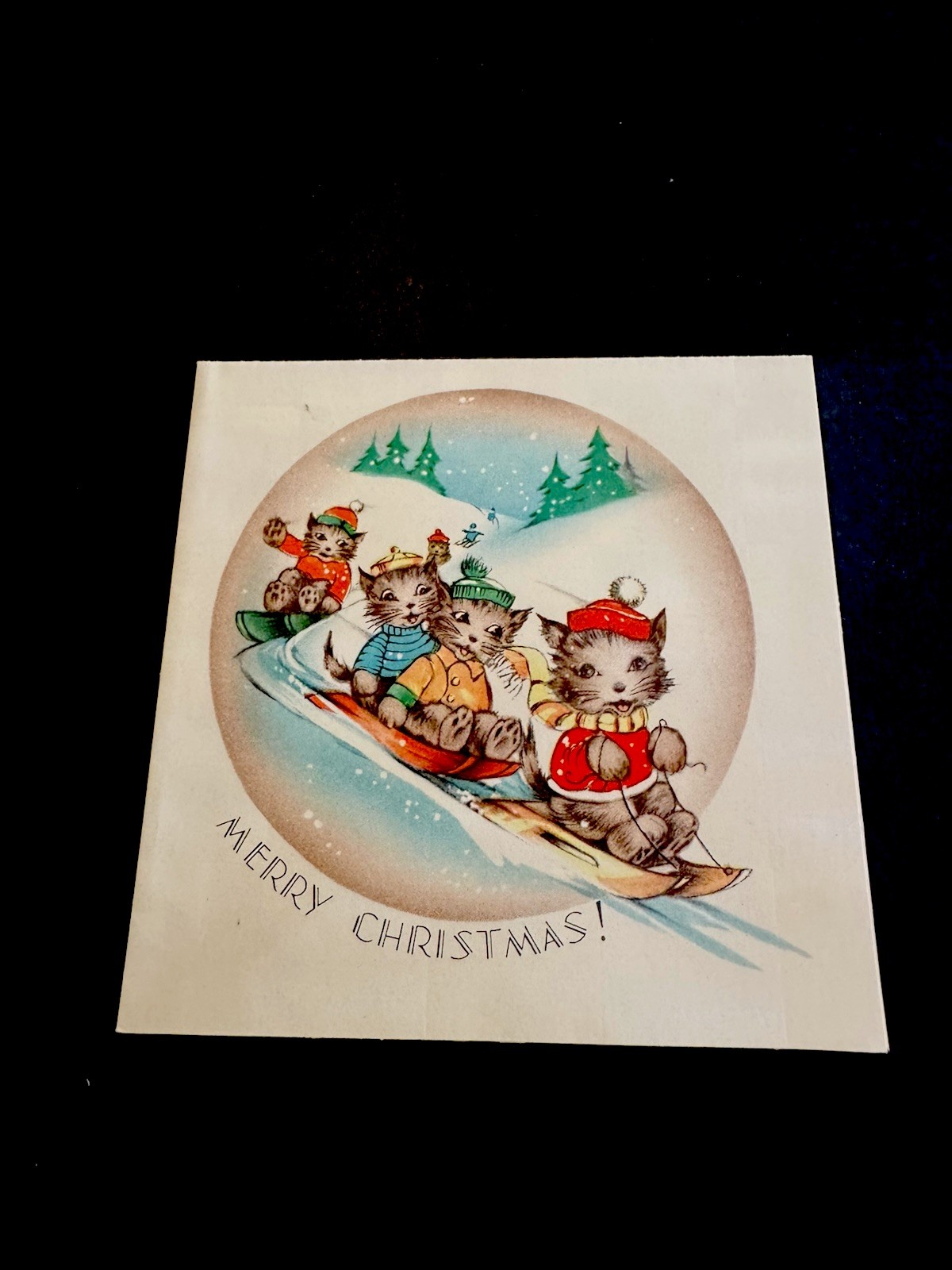 1 VTG 1940’s Xmas Greeting Card Adorable 4 Cat Kittens Racing Downhill On Sleds 1 VTG 1940’s Xmas Greeting Card Adorable 4 Cat Kittens Racing Downhill On Sleds