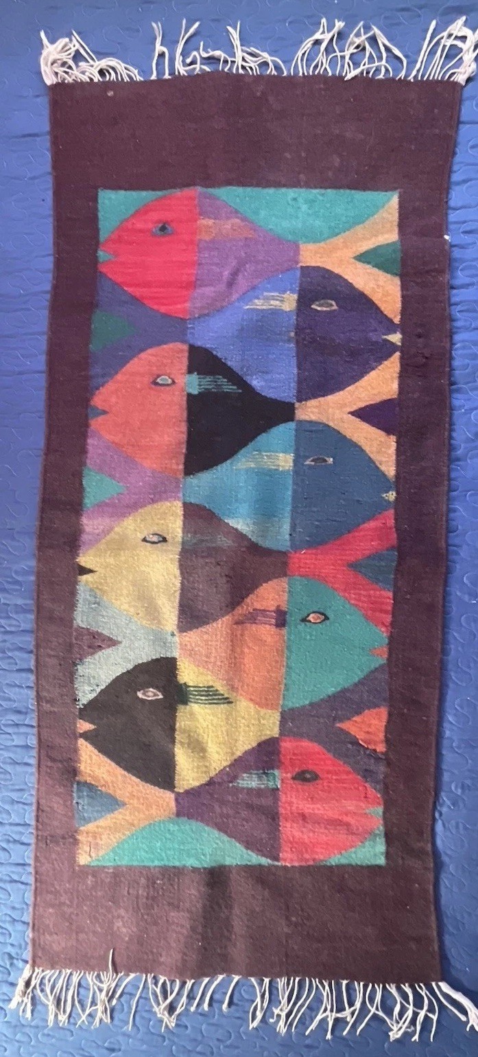 Zapotec Wool Red Rug 26x56 Hand Woven School of Fish Abstract Oaxacan Fringe Zapotec Wool Red Rug 26x56 Hand Woven School of Fish Abstract Oaxacan Fringe