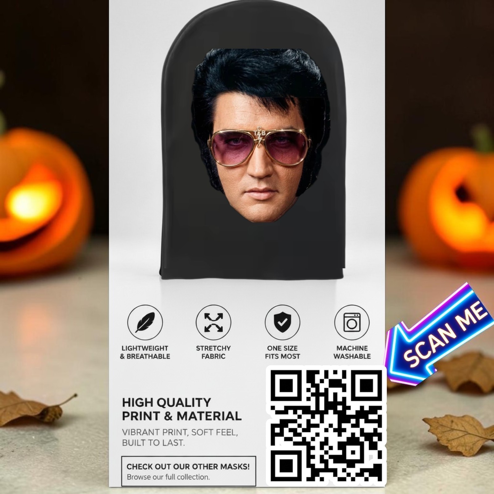 Elvis Presley SeeThru Mesh Face Mask King Of Rock Breathable Costume Halloween 