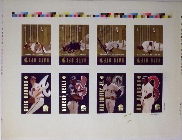 1996 Leaf Hats Off GREG MADDUX KEN GRIFFEY JR MO VAUGHN +1 Rare Quad Uncut Sheet