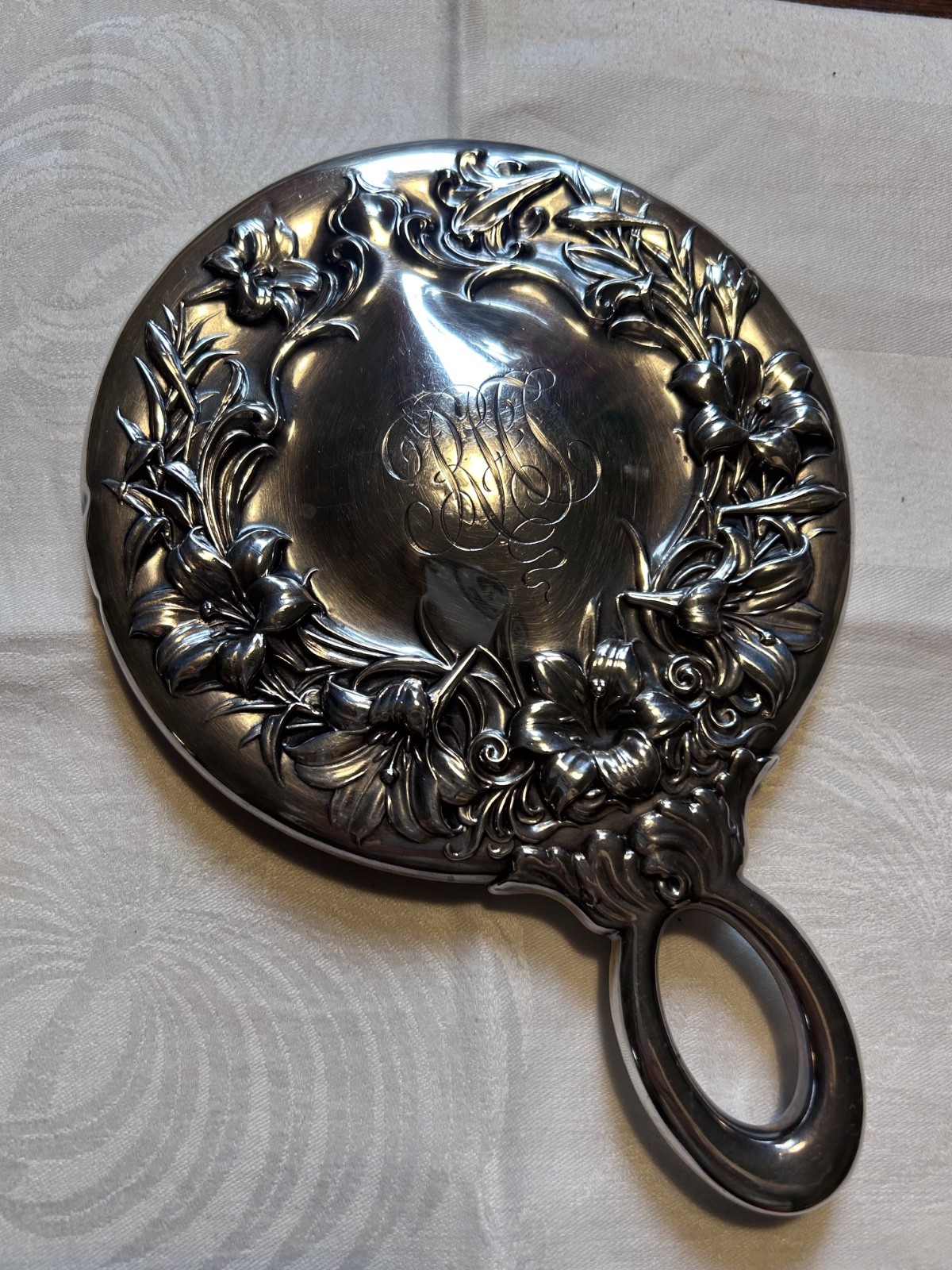 RARE Antique Whiting Mfg Sterling Silver Hand Mirror Repousse MONO RARE Antique Whiting Mfg Sterling Silver Hand Mirror Repousse MONO