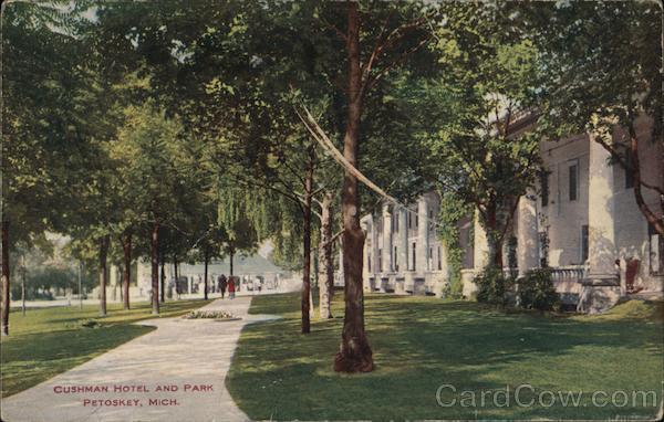 1909 Petoskey,MI Cushman Hotel and Park Emmet County Michigan Postcard 1c stamp