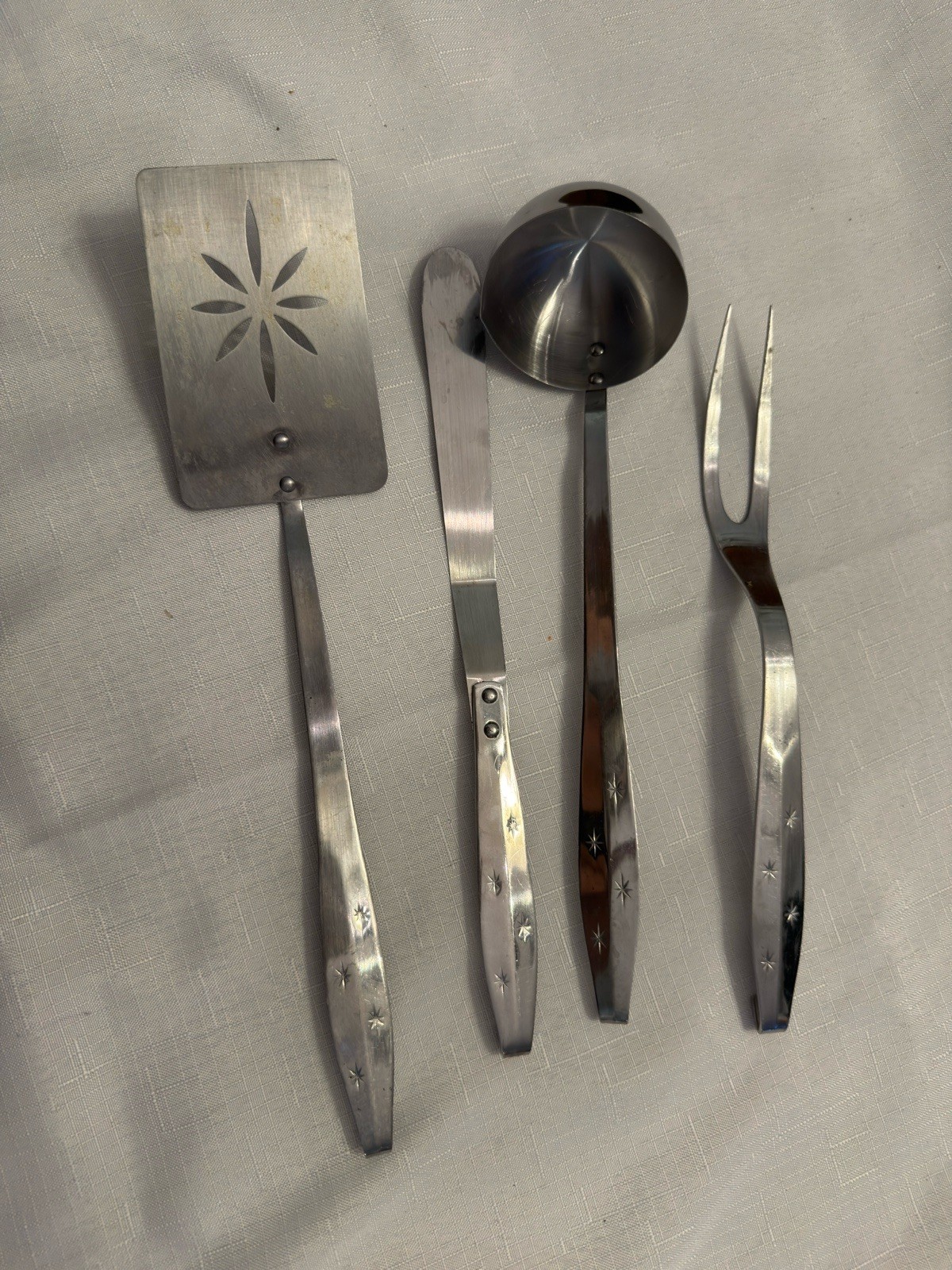Vintage Atomic Starburst 4 Piece Kitchen Utensil Set Stainless Steel MCM Vintage Atomic Starburst 4 Piece Kitchen Utensil Set Stainless Steel MCM