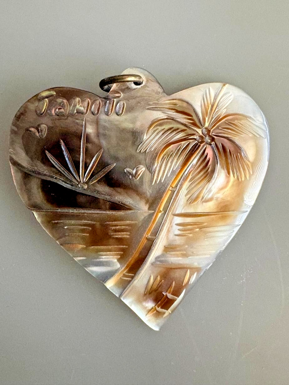 Vintage Hand Carved Mother of Pearl Shell Palm Tree Tahiti Ocean Pendant
