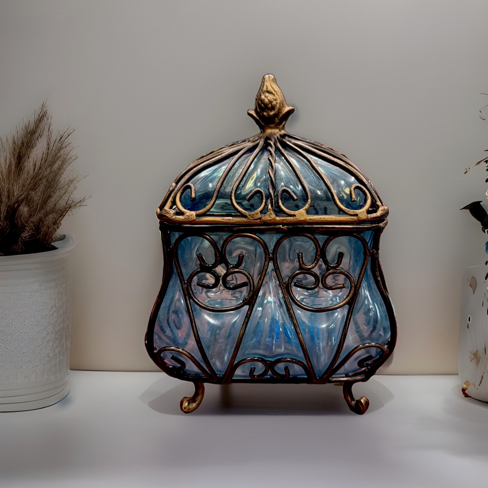 Vtg Brutalist Heavy Caged Wrought Iron Blue Bubble Glass Hand Blown Feet Estate Vtg Brutalist Heavy Caged Wrought Iron Blue Bubble Glass Hand Blown Feet Estate
