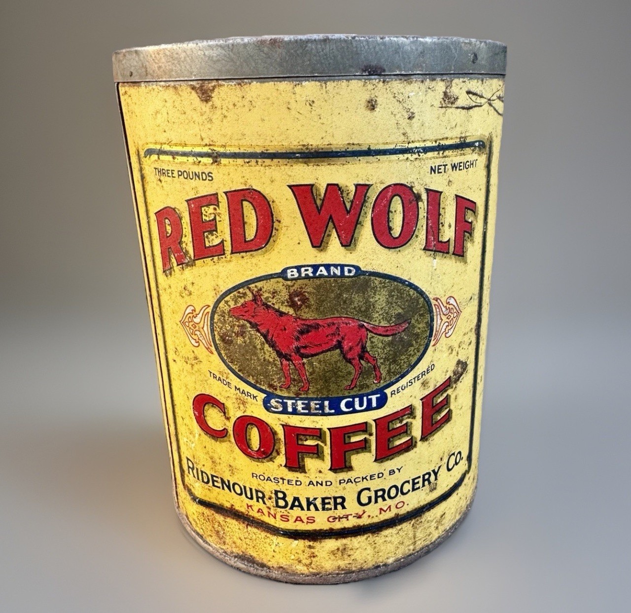 VERY RARE ANTIQUE RED WOLF COFFEE Three POUND TIN CAN KANSAS CITY MISSOURI 3# VERY RARE ANTIQUE RED WOLF COFFEE Three POUND TIN CAN KANSAS CITY MISSOURI 3#